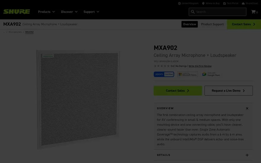 Shure MXA902 ceiling array + loudspeaker — supplier page