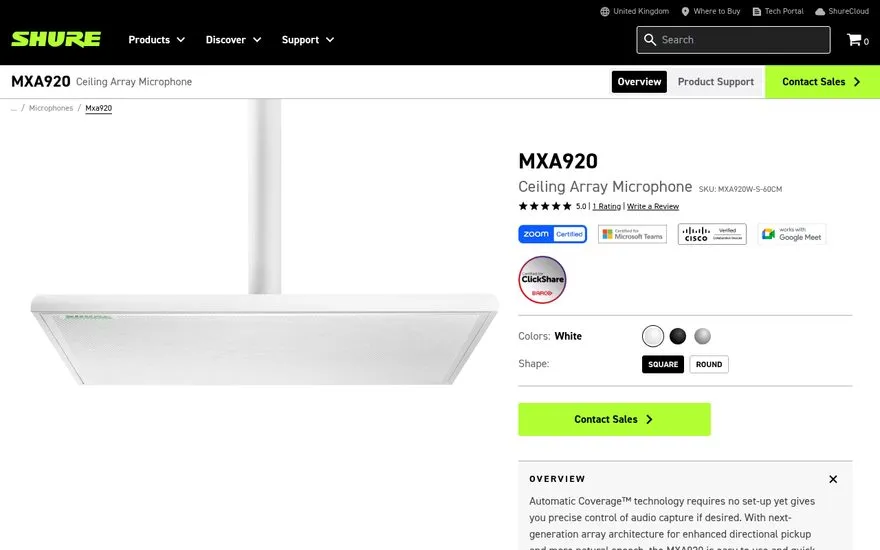 Shure MXA920 ceiling array microphone — supplier page